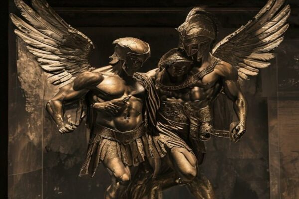 Bronze Sleep and Death gods sculpture carrying fallen warrior from ancient Etruscan cista handle