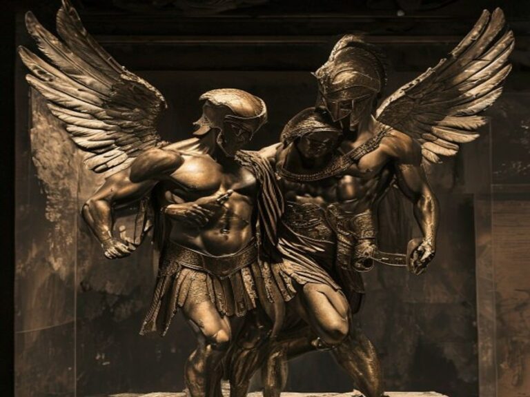 Bronze Sleep and Death gods sculpture carrying fallen warrior from ancient Etruscan cista handle