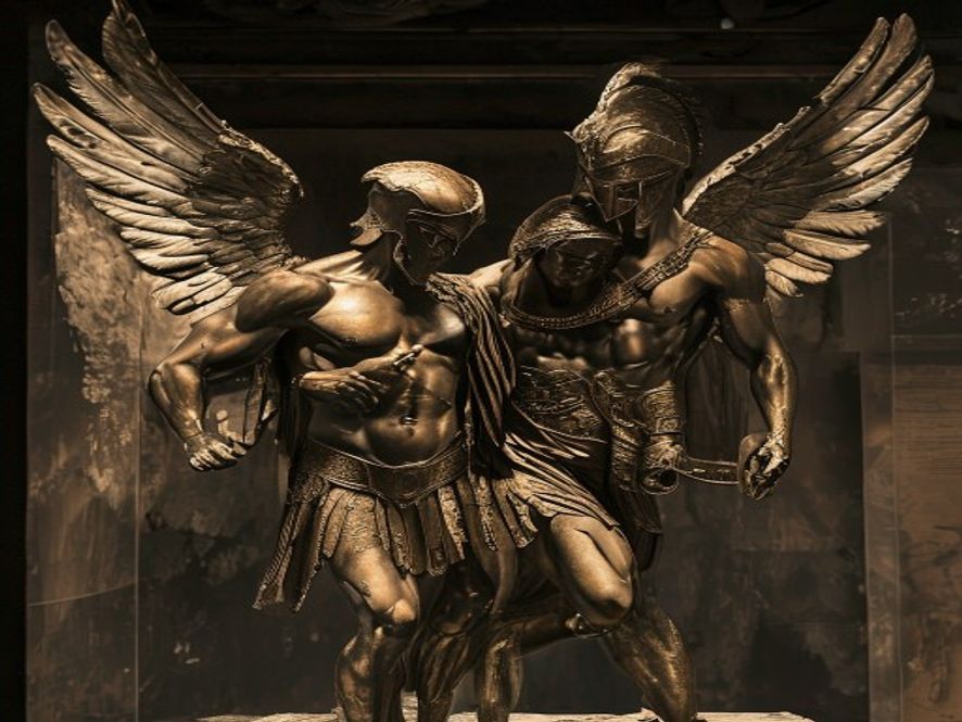 Bronze Sleep and Death gods sculpture carrying fallen warrior from ancient Etruscan cista handle