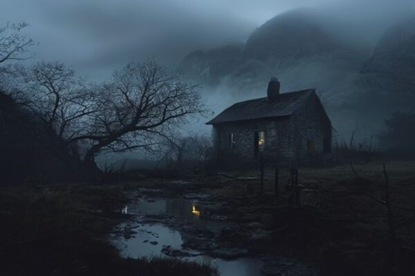Creepy fog-covered Welsh farmhouse at dusk evoking BBC The Witch Farm