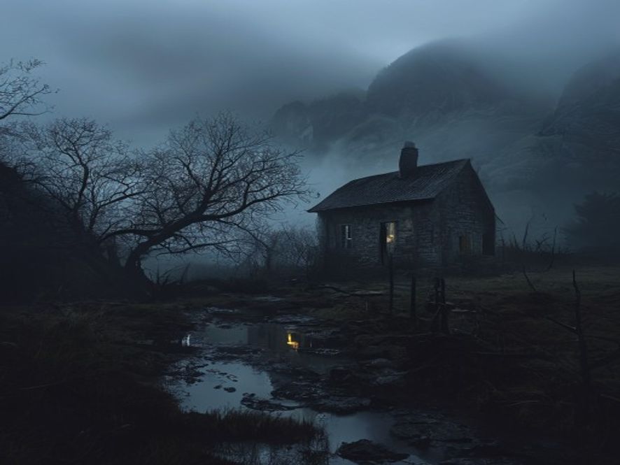 Creepy fog-covered Welsh farmhouse at dusk evoking BBC The Witch Farm