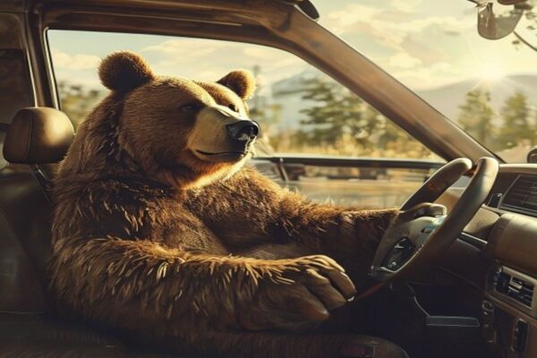 Large brown bear sitting in passenger seat of a pickup truck