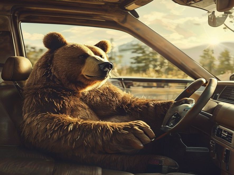 Large brown bear sitting in passenger seat of a pickup truck