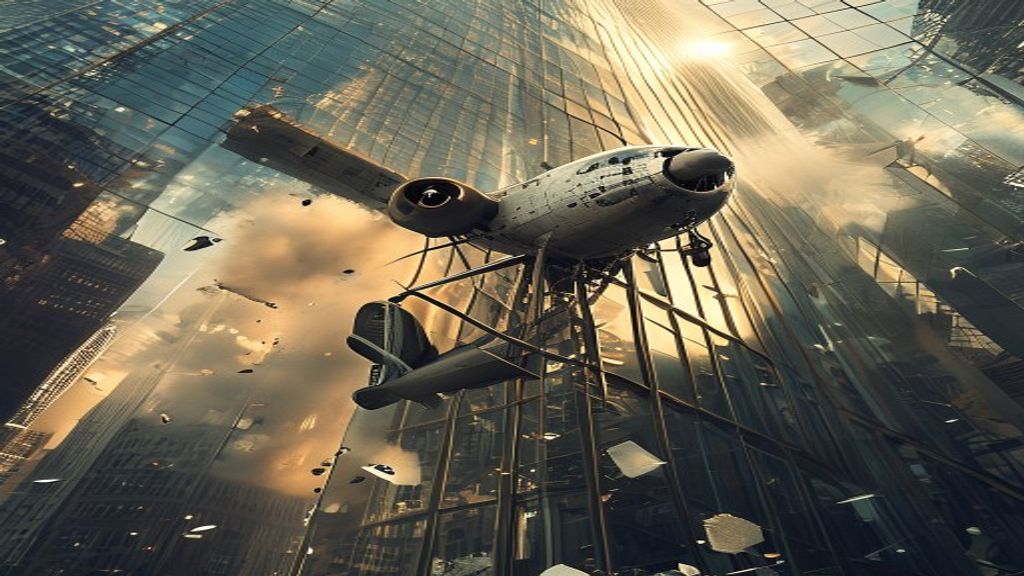 Small aircraft wreckage against a glass skyscraper facade in the Beijing plane crash skyscraper incident