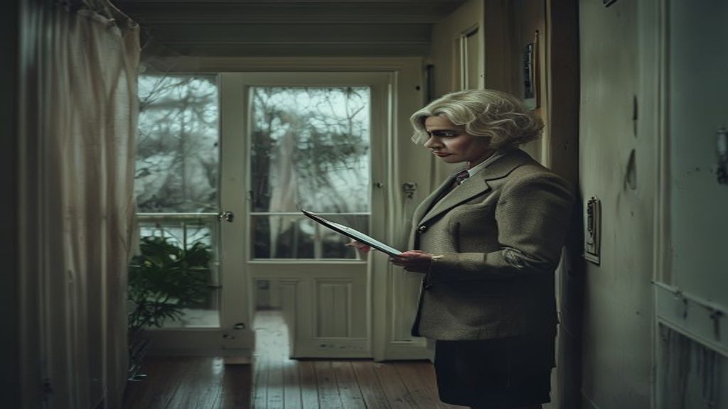 Suspicious woman with clipboard on doorstep representing bogus social workers UK