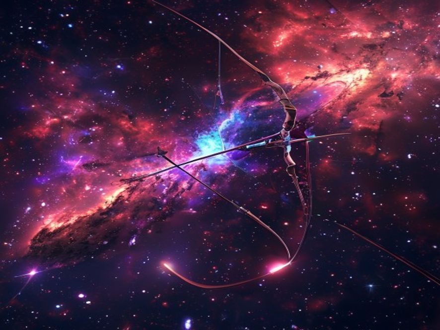 Glowing bow and arrow galaxy shape in deep space, vivid radio telescope colours