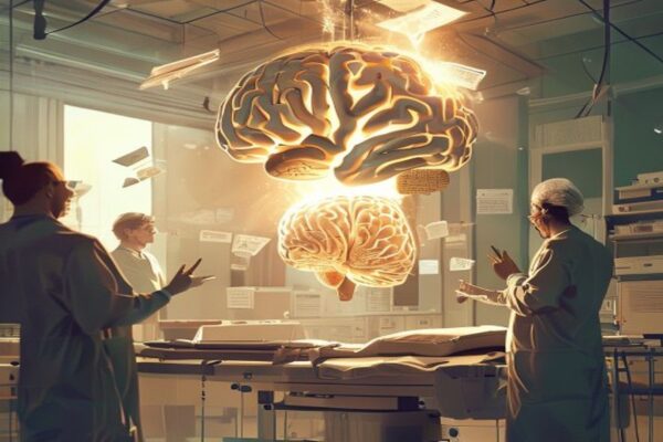 Glowing brain floating above operating table illustrating brain activity under anaesthesia