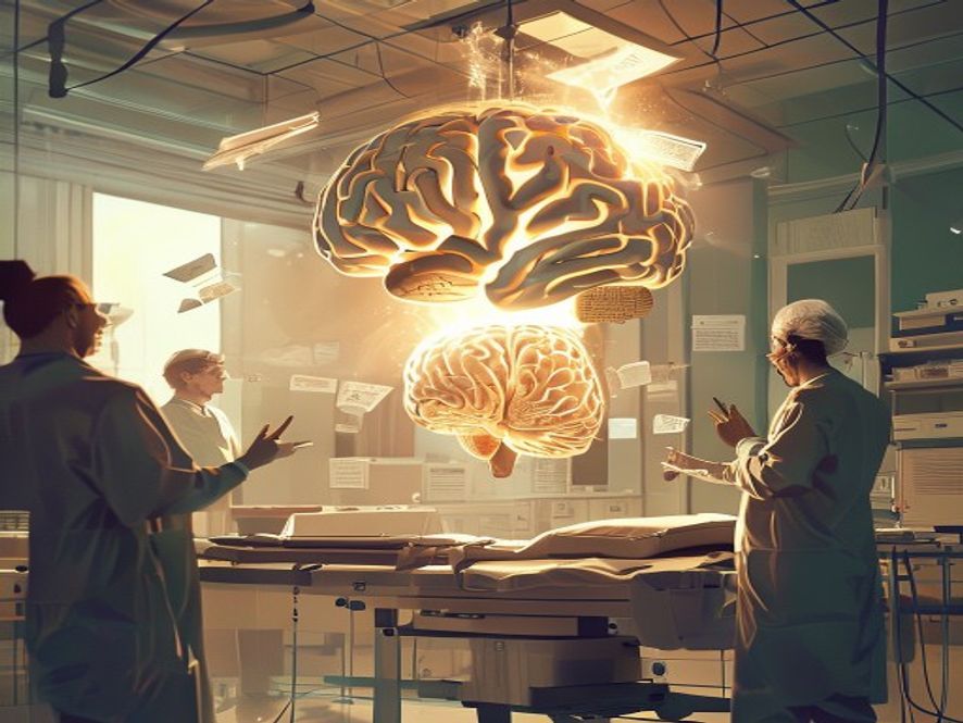 Glowing brain floating above operating table illustrating brain activity under anaesthesia