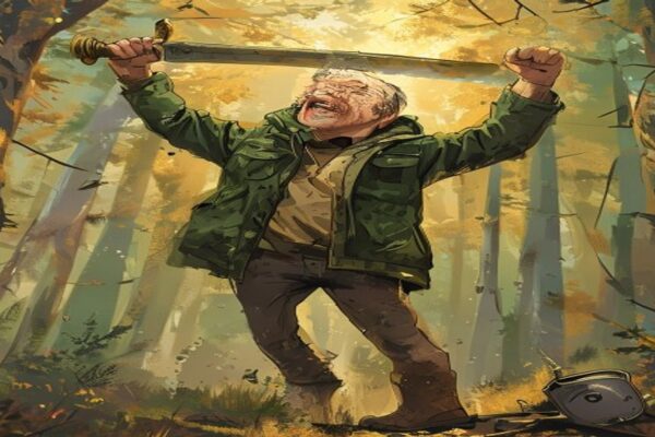 Cartoon of a metal detectorist celebrating finding a bronze age sword in a forest