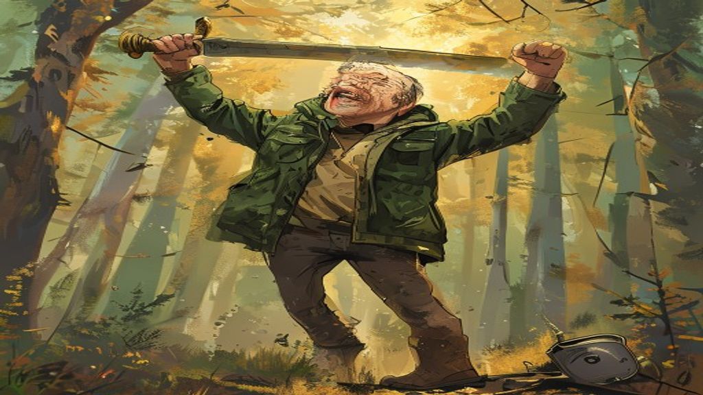 Cartoon of a metal detectorist celebrating finding a bronze age sword in a forest