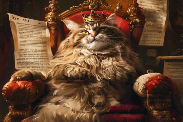A regal cat on a throne surrounded by debunked cat behaviour myths