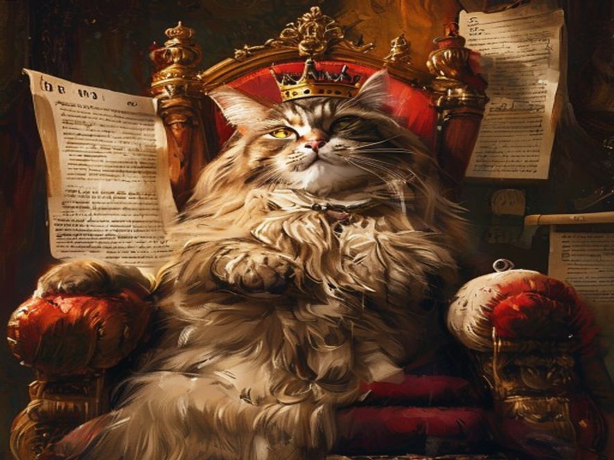 A regal cat on a throne surrounded by debunked cat behaviour myths