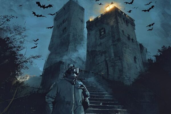 Mysterious misty figure on stone steps in a Clifford's Tower ghost photo at night