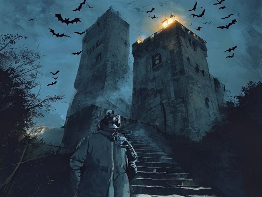 Mysterious misty figure on stone steps in a Clifford's Tower ghost photo at night
