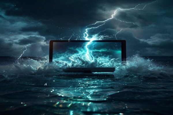 Climate change website back online rising from stormy water like a glowing monitor