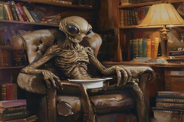 A bizarre rock-textured alien sitting in an armchair — conscious alien minds illustrated absurdly