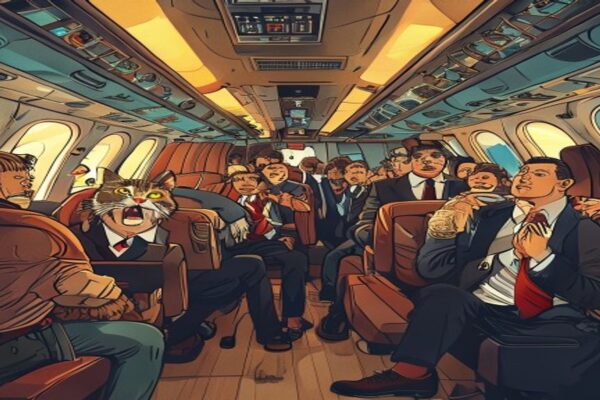 Cartoon of chaotic aeroplane cabin illustrating crazy plane stories