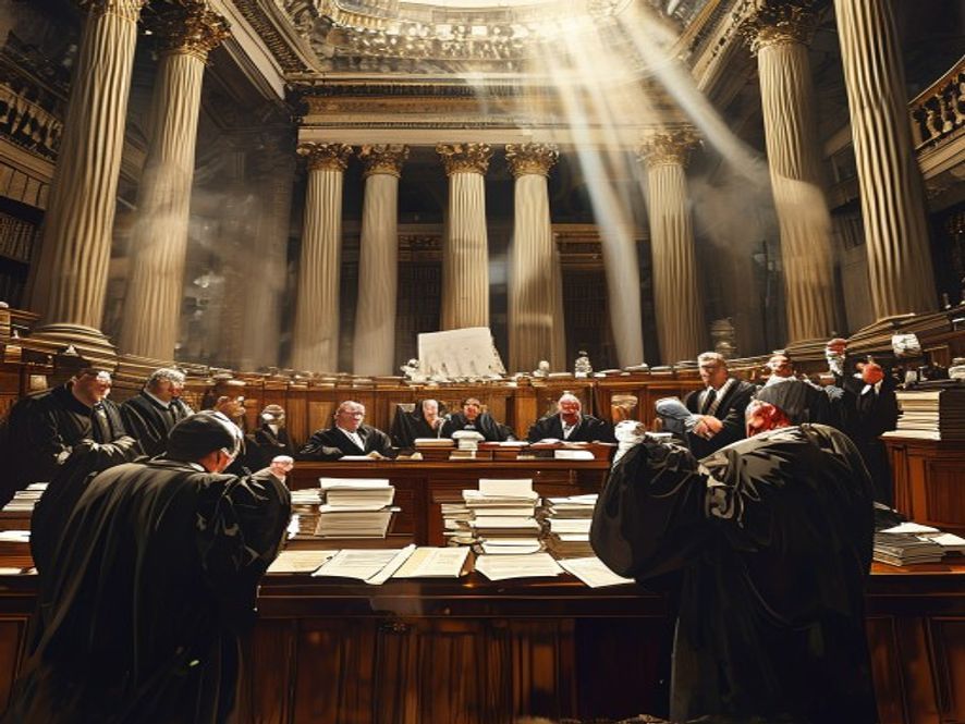 Nine confused judges debating the death penalty unconstitutional ruling around a chaotic courtroom table