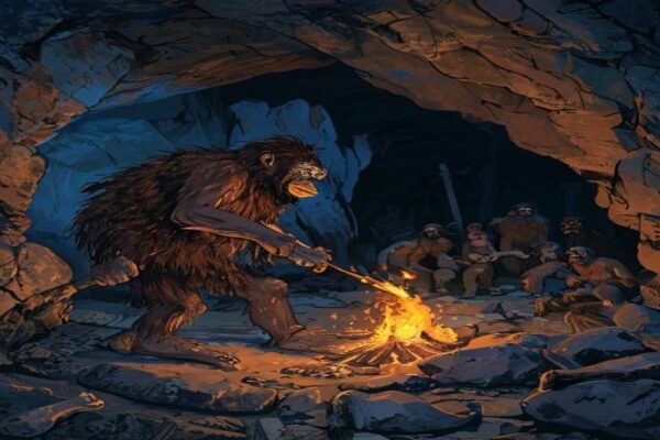 Cartoon of early humans using fire inside a prehistoric cave