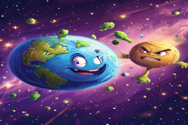 Cartoon of Earth seeding Venus with life by flinging microbes across space