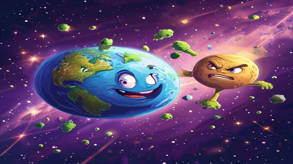 Cartoon of Earth seeding Venus with life by flinging microbes across space