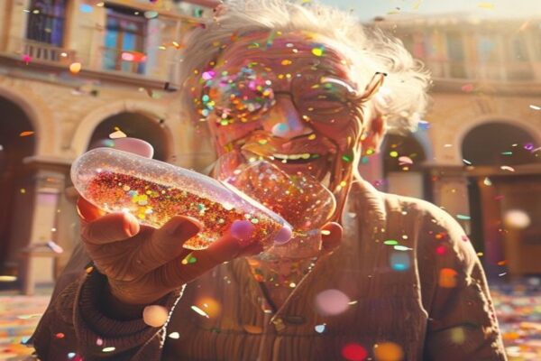 Elderly person holding a glittery fake pill, illustrating how fake pills improve memory