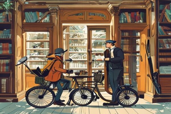 A library patron borrowing skis and a cargo bicycle in a Finnish library borrow anything scheme