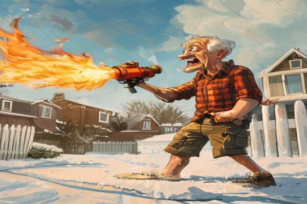 Florida man pointing a flamethrower at a frozen driveway during arrest