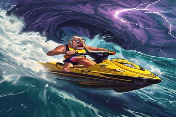Cartoon of a Florida man attempting to outrun a hurricane on a jet ski