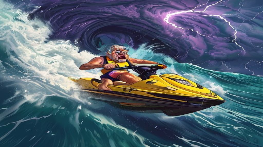 Cartoon of a Florida man attempting to outrun a hurricane on a jet ski