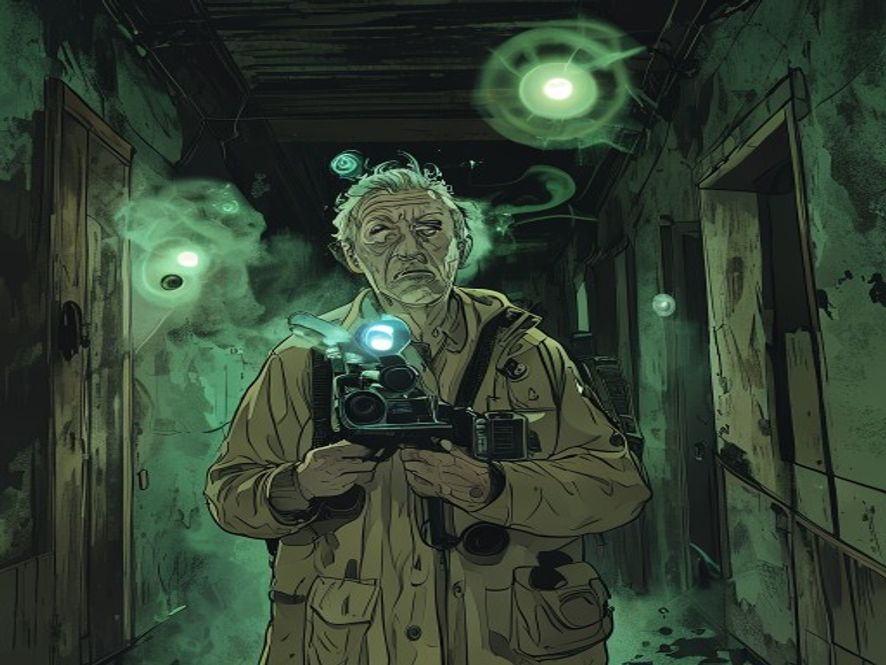 A confused man with ghost hunting equipment for beginners in a haunted hallway