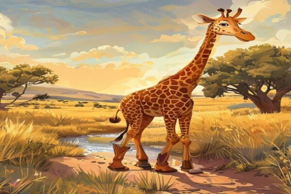 A cartoon giraffe escaping a Texas ranch on a sunny afternoon
