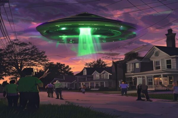 Glowing green disk UFO hovering over a suburban Danvers Massachusetts neighbourhood at dusk