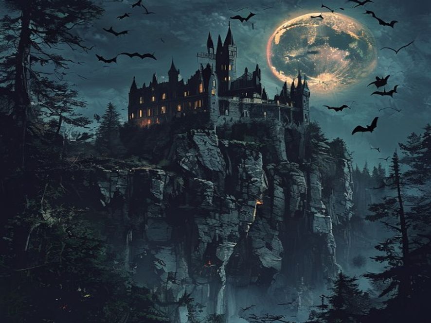 Houska Castle gateway to Hell glowing beneath a Gothic fortress in dark Czech forest