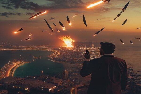Dramatic Gulf coastline scene depicting Iran attacks on US sites with missiles in the sky