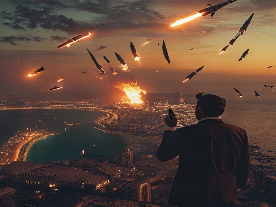 Dramatic Gulf coastline scene depicting Iran attacks on US sites with missiles in the sky