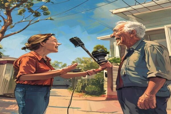Cartoon reporter and elderly man sharing a handshake in an It'll Be Alright On The Night twist moment