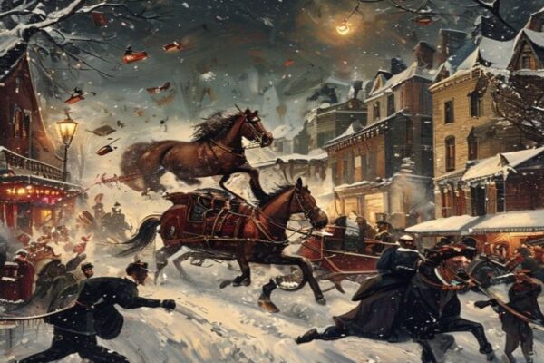 Victorian sleigh careening through snowy town square illustrating Jingle Bells dark history