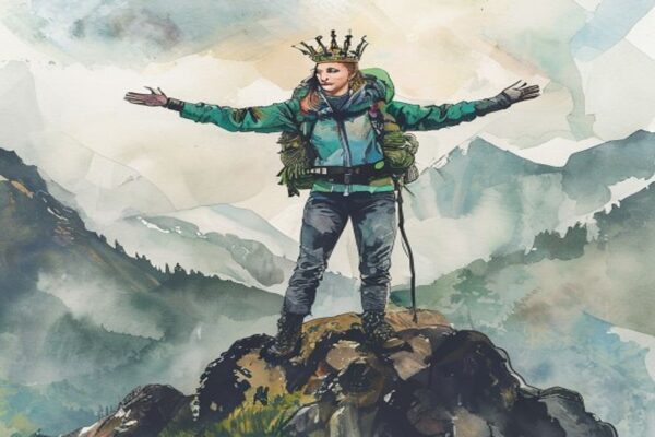 A royal-looking woman celebrating Kate's royal escape on a mountain peak