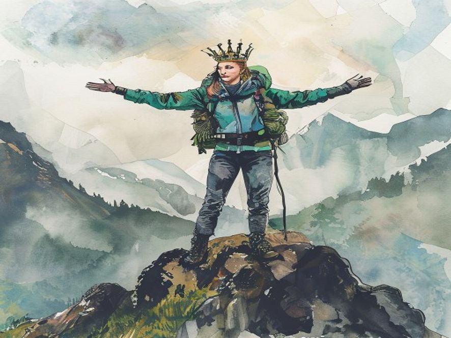 A royal-looking woman celebrating Kate's royal escape on a mountain peak