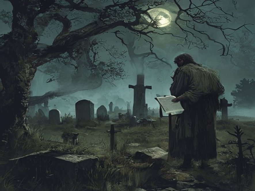 Medieval villager preparing to deal with the dangerous dead in a foggy graveyard