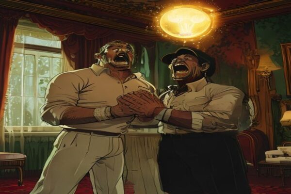 Cartoon cricketers terrified by the Langham Hotel haunting in a luxury room