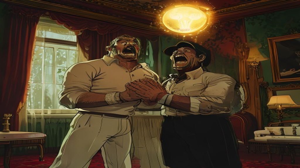 Cartoon cricketers terrified by the Langham Hotel haunting in a luxury room