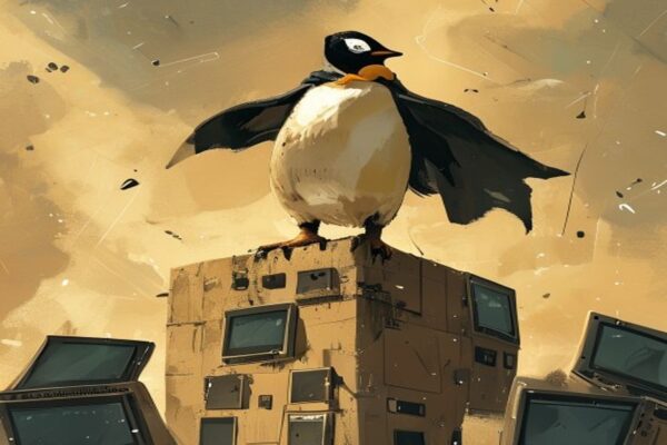 A penguin mascot defending an old computer representing Mageia 10 Linux 32-bit