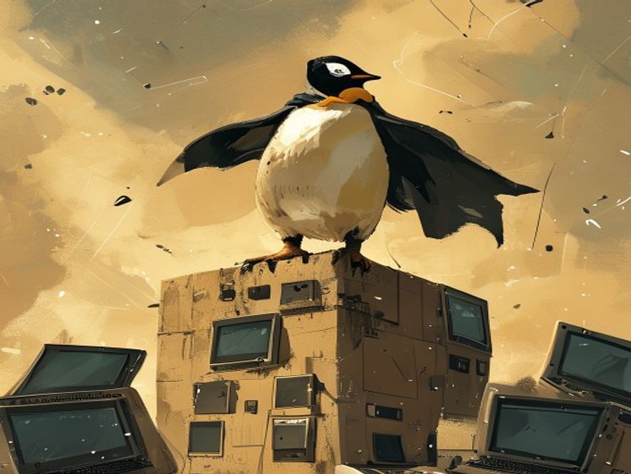 A penguin mascot defending an old computer representing Mageia 10 Linux 32-bit