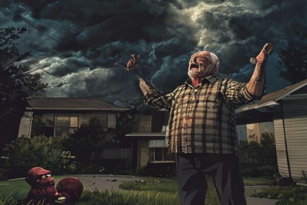 A distressed older man outside a suburban home after losing his temper