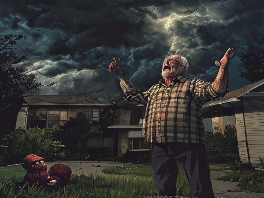 A distressed older man outside a suburban home after losing his temper
