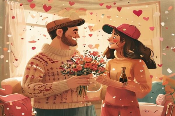 A man presenting flowers and a hat to a woman, illustrating marriage material men
