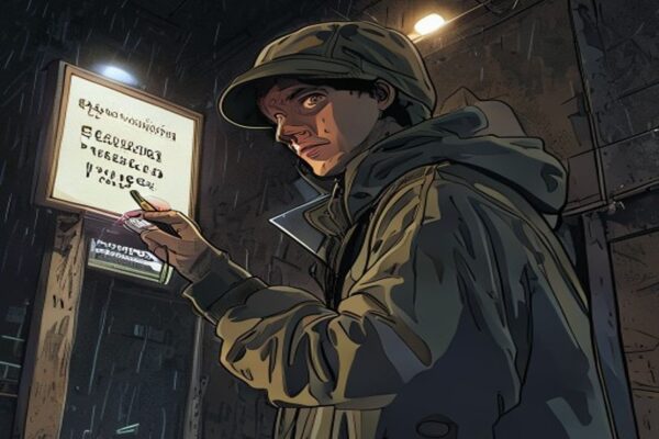 A sneaky figure committing mild vandalism on a public sign at night