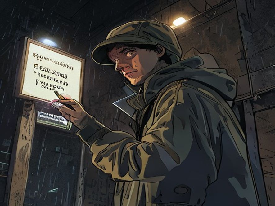 A sneaky figure committing mild vandalism on a public sign at night